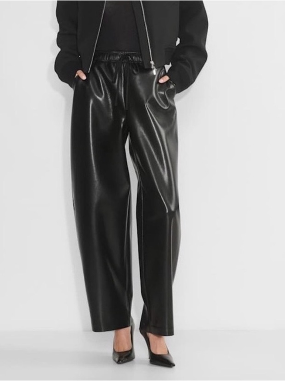Babaton Black Faux Leather Wide-Leg Joggers
